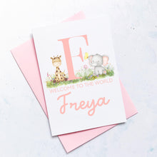 Load image into Gallery viewer, Personalised New Baby Card, Safari Animals, Gift for New Baby, Baby Card, Congratulations card, Alphabet,