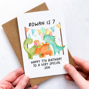 Personalised 7th Birthday Card, Card For Baby, Child Card, Children&#39;s Birthday Card, Card For Grandchild, Dinosaur Card ,7th Birthday Gift