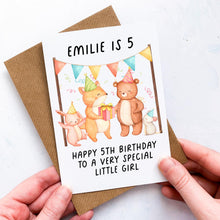 Load image into Gallery viewer, Personalised 5th Birthday Card, Card For Baby, Child Card, Children&#39;s Birthday Card, Card For Grandchild, Woodland Animals,5th Birthday Gift