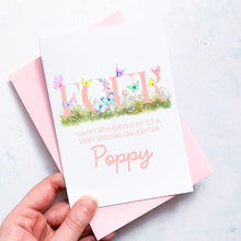 Load image into Gallery viewer, Personalised 4th Birthday Card, Daughter Granddaughter Niece Goddaughter Little Girl, Children&#39;s Birthday, Butterfly, Fourth Birthday Gift