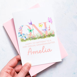Personalised 4th Birthday Card, Daughter Granddaughter Niece Goddaughter Little Girl, Children&#39;s Birthday, Butterfly, Fourth Birthday Gift