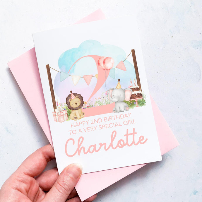Personalised 2nd Birthday Card, Daughter Granddaughter Niece Goddaughter Little Girl, Children's Birthday, Cute Animal, Second Birthday Gift