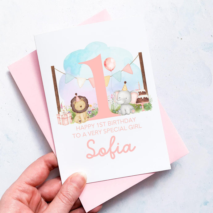 Personalised 1st Birthday Animal Card, Daughter Granddaughter Niece Goddaughter Little Girl, Children's Birthday, First Birthday Gift