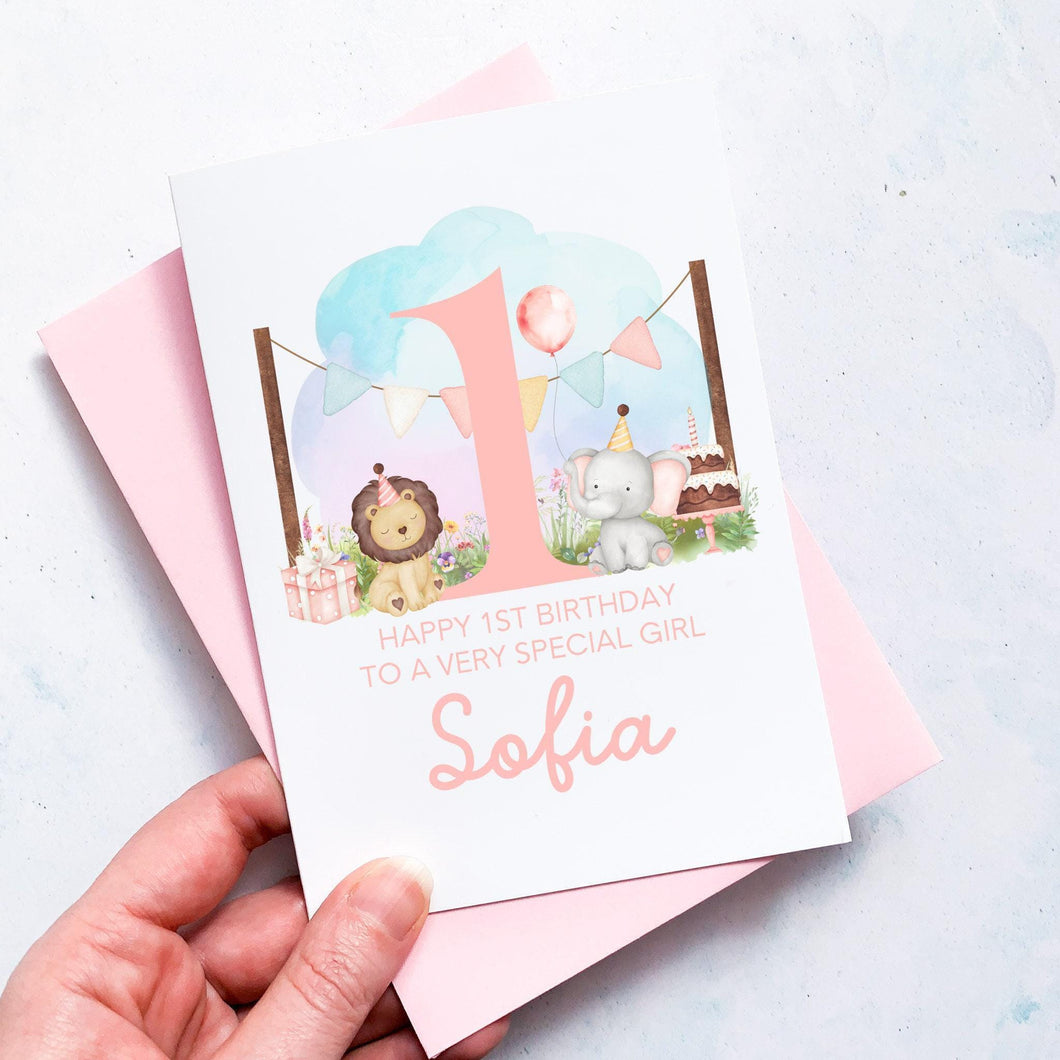 Personalised 1st Birthday Animal Card, Daughter Granddaughter Niece Goddaughter Little Girl, Children's Birthday, First Birthday Gift