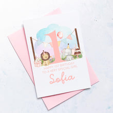 Load image into Gallery viewer, Personalised 1st Birthday Animal Card, Daughter Granddaughter Niece Goddaughter Little Girl, Children&#39;s Birthday, First Birthday Gift