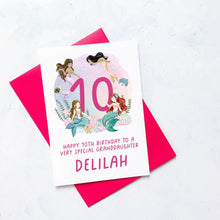 Load image into Gallery viewer, Personalised 10th Birthday Mermaid Card, Daughter Granddaughter Niece Goddaughter Little Girl, Children&#39;s Birthday, Tenth Birthday Gift