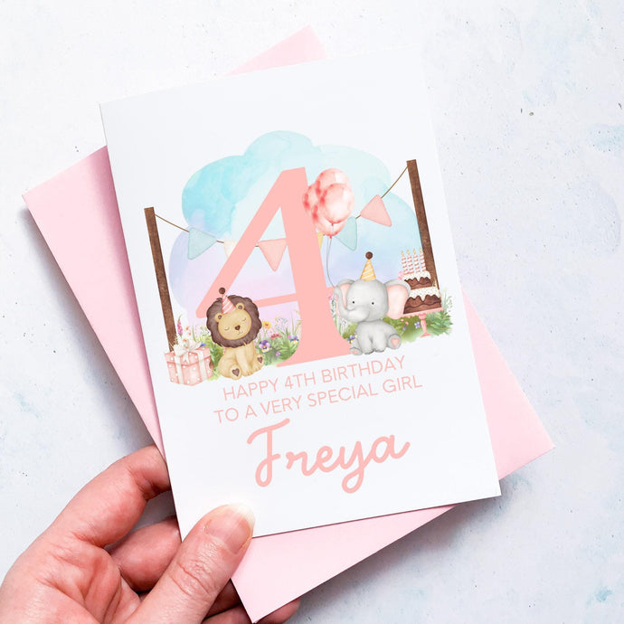 Personalised 4th Birthday Card, Daughter Granddaughter Niece Goddaughter Little Girl, Children's Birthday, Cute Animal, Fourth Birthday Gift