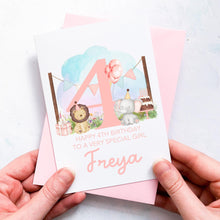 Load image into Gallery viewer, Personalised 4th Birthday Card, Daughter Granddaughter Niece Goddaughter Little Girl, Children&#39;s Birthday, Cute Animal, Fourth Birthday Gift