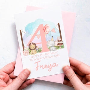 Personalised 4th Birthday Card, Daughter Granddaughter Niece Goddaughter Little Girl, Children&#39;s Birthday, Cute Animal, Fourth Birthday Gift