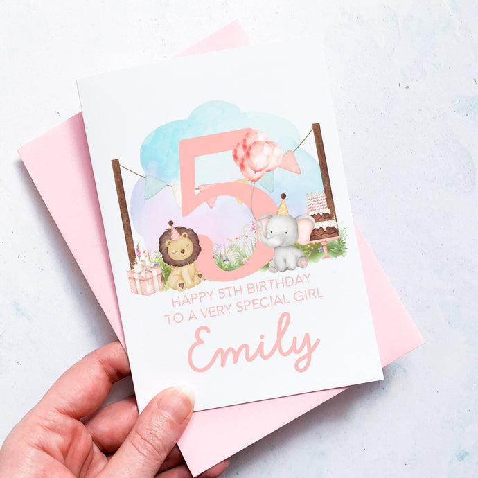 Personalised 5th Birthday Card, Daughter Granddaughter Niece Goddaughter Little Girl, Children's Birthday, Cute Animal, Fifth Birthday Gift