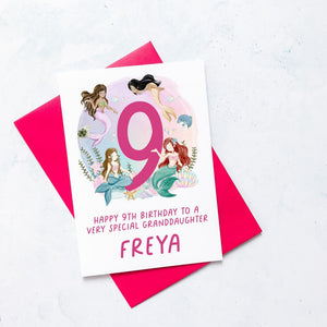Personalised 9th Birthday Card, Daughter Granddaughter Niece Goddaughter Little Girl, Children&#39;s Birthday, Mermaid, Ninth Birthday Gift