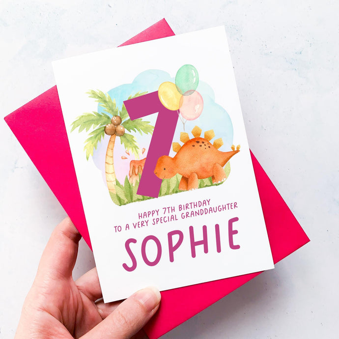 Personalised 7th Birthday Card, Daughter Granddaughter Niece Goddaughter Little Girl, Children's Birthday, Dinosaur, Seventh Birthday Gift