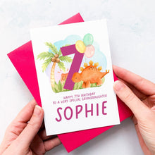 Load image into Gallery viewer, Personalised 7th Birthday Card, Daughter Granddaughter Niece Goddaughter Little Girl, Children&#39;s Birthday, Dinosaur, Seventh Birthday Gift