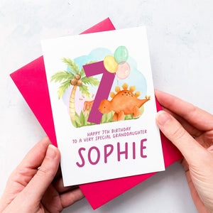 Personalised 7th Birthday Card, Daughter Granddaughter Niece Goddaughter Little Girl, Children&#39;s Birthday, Dinosaur, Seventh Birthday Gift