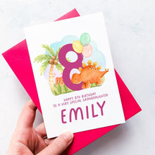 Load image into Gallery viewer, Personalised 8th Birthday Card, Daughter Granddaughter Niece Goddaughter Little Girl, Children&#39;s Birthday, Dinosaur, Eighth Birthday Gift