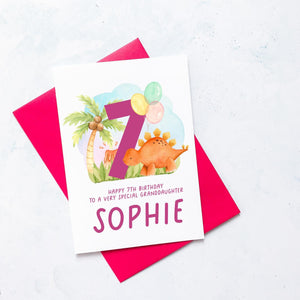 Personalised 7th Birthday Card, Daughter Granddaughter Niece Goddaughter Little Girl, Children&#39;s Birthday, Dinosaur, Seventh Birthday Gift