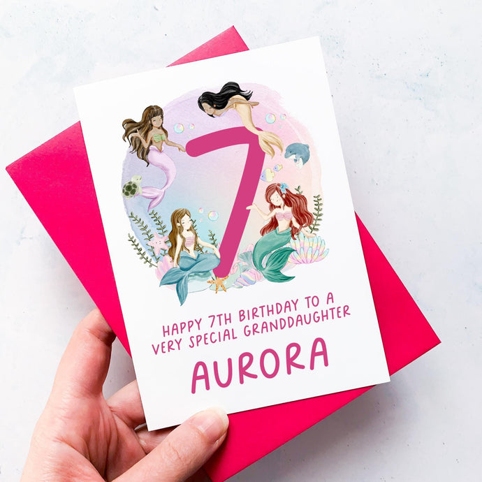 Personalised 7th Birthday Card, Daughter Granddaughter Niece Goddaughter Little Girl, Children's Birthday, Mermaid, Seventh Birthday Gift
