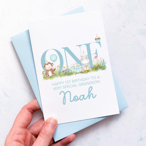 Personalised 1st Birthday Card, Son Grandson Nephew Godson Little Boy, Children&#39;s Birthday, For Child, First Birthday Gift, Cute Animals