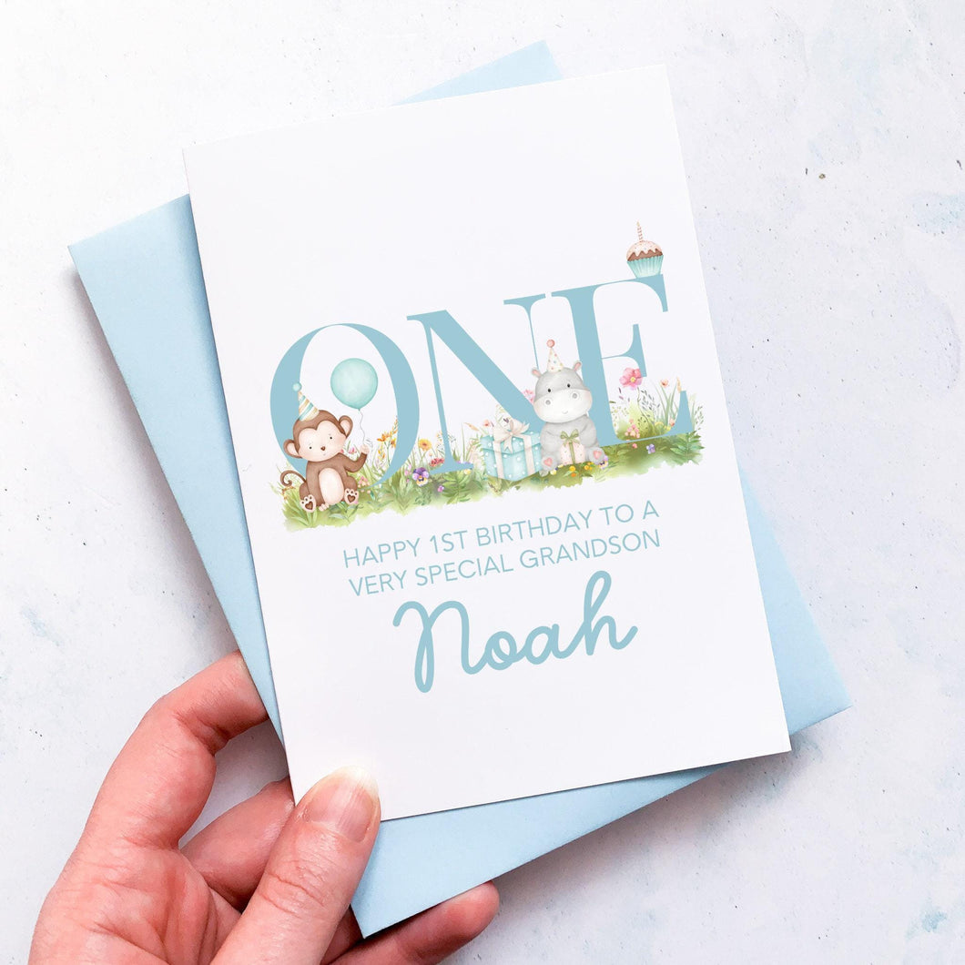 Personalised 1st Birthday Card, Son Grandson Nephew Godson Little Boy, Children's Birthday, For Child, First Birthday Gift, Cute Animals