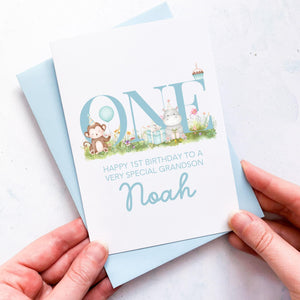 Personalised 1st Birthday Card, Son Grandson Nephew Godson Little Boy, Children&#39;s Birthday, For Child, First Birthday Gift, Cute Animals