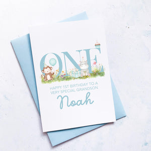 Personalised 1st Birthday Card, Son Grandson Nephew Godson Little Boy, Children&#39;s Birthday, For Child, First Birthday Gift, Cute Animals