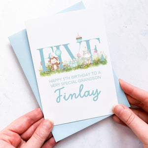 Personalised 5th Birthday Card, Son Grandson Nephew Godson Little Boy, Children&#39;s Birthday, For Child, Fifth Birthday Gift, Cute Animals
