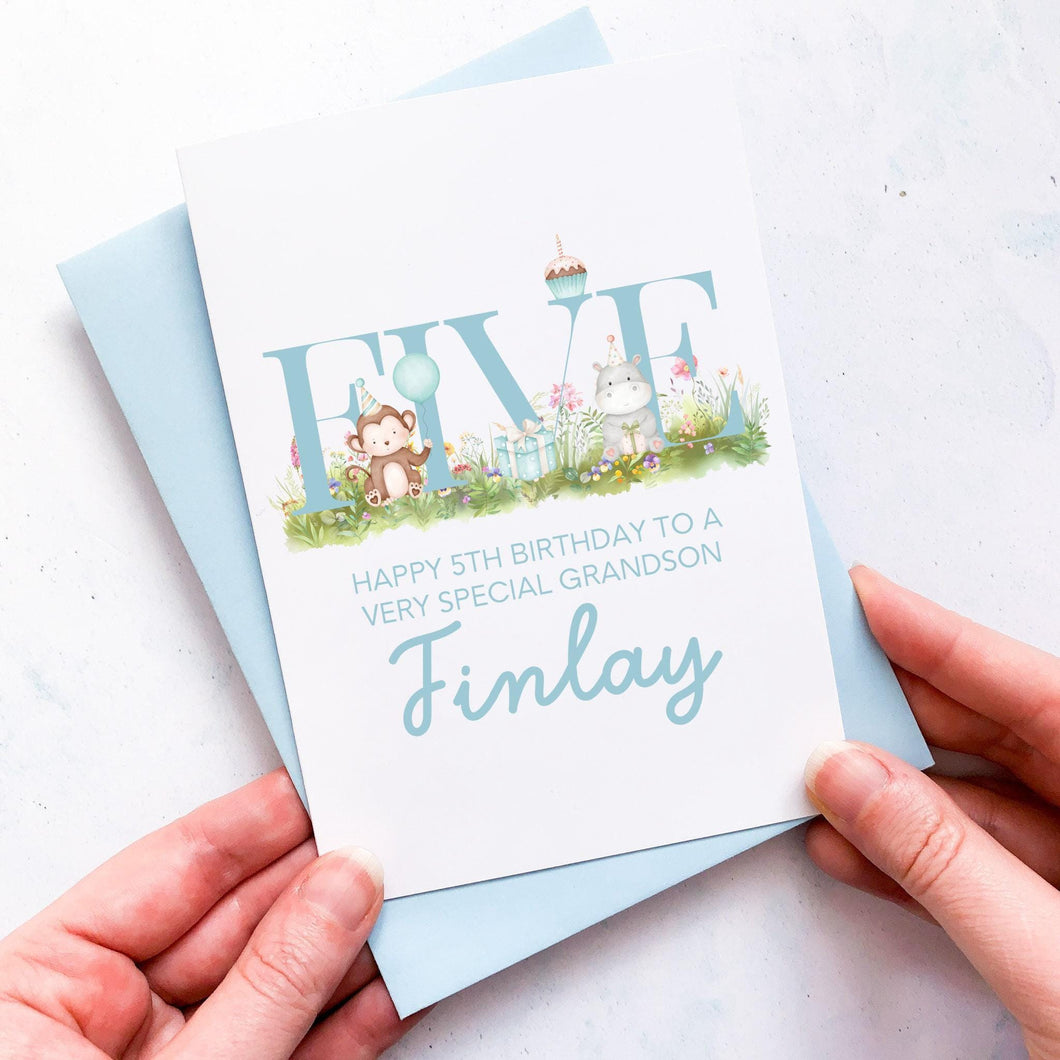 Personalised 5th Birthday Card, Son Grandson Nephew Godson Little Boy, Children's Birthday, For Child, Fifth Birthday Gift, Cute Animals