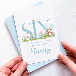 Personalised 6th Birthday Card, Son Grandson Nephew Godson Little Boy, Children&#39;s Birthday, For Child, Sixth Birthday Gift, Cute Animals
