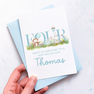 Personalised 4th Birthday Card, Son Grandson Nephew Godson Little Boy, Children&#39;s Birthday, For Child, Fourth Birthday Gift, Cute Animals