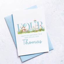 Load image into Gallery viewer, Personalised 4th Birthday Card, Son Grandson Nephew Godson Little Boy, Children&#39;s Birthday, For Child, Fourth Birthday Gift, Cute Animals