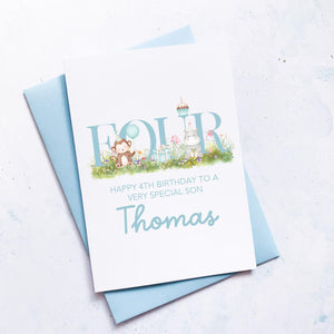 Personalised 4th Birthday Card, Son Grandson Nephew Godson Little Boy, Children&#39;s Birthday, For Child, Fourth Birthday Gift, Cute Animals