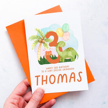 Load image into Gallery viewer, Personalised 3rd Birthday Card, Son Grandson Nephew Godson Little Boy, Children&#39;s Birthday, For Child, Third Birthday Gift, Cute Dinosaurs