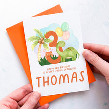 Load image into Gallery viewer, Personalised 3rd Birthday Card, Son Grandson Nephew Godson Little Boy, Children&#39;s Birthday, For Child, Third Birthday Gift, Cute Dinosaurs