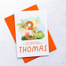 Load image into Gallery viewer, Personalised 3rd Birthday Card, Son Grandson Nephew Godson Little Boy, Children&#39;s Birthday, For Child, Third Birthday Gift, Cute Dinosaurs