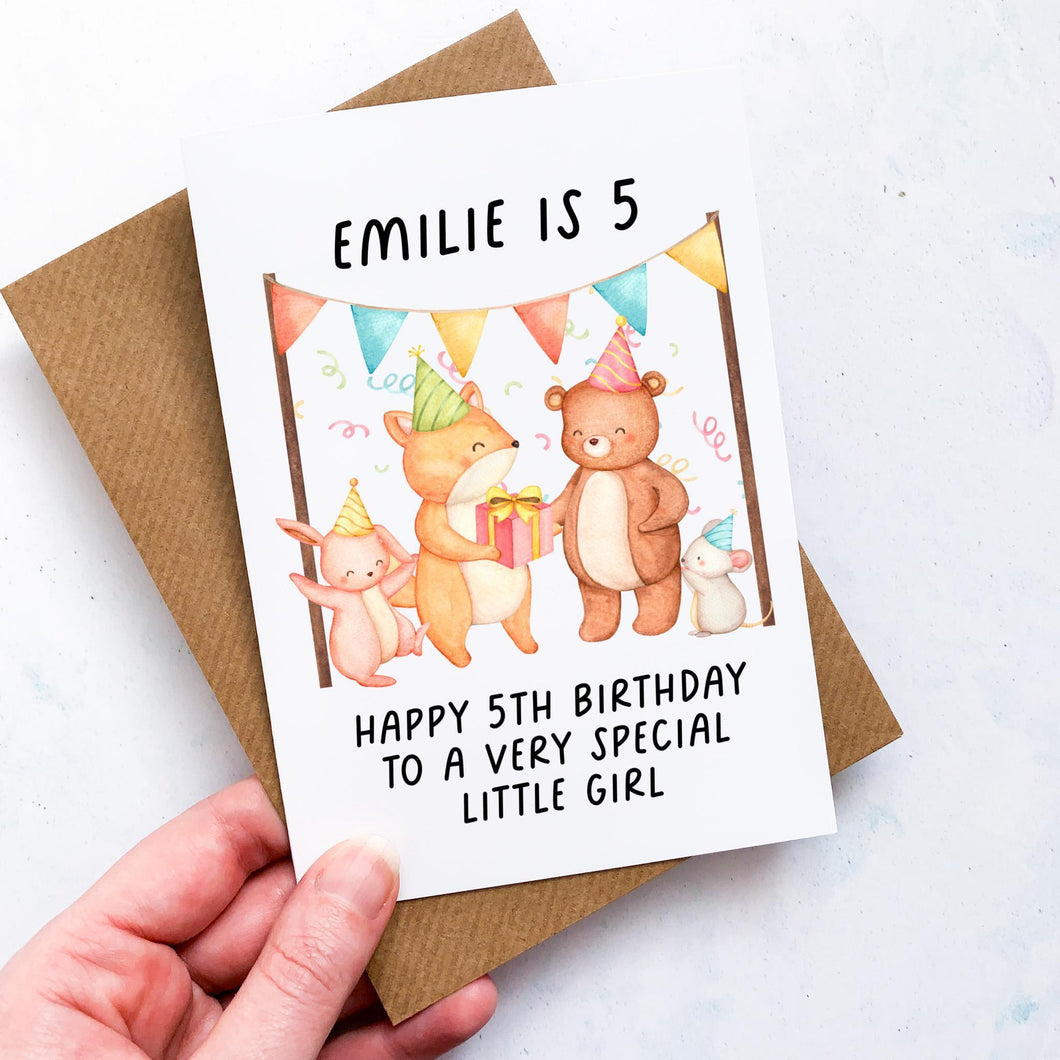 Personalised 5th Birthday Card, Card For Baby, Child Card, Children's Birthday Card, Card For Grandchild, Woodland Animals,5th Birthday Gift