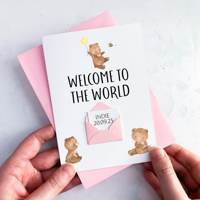 Welcome to the World Card, New Baby Card, Baby Boy, Baby Girl, Congratulations, On the Birth, Newborn Gift, Keepsake, Cute Teddy, Neutral