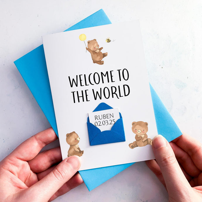 Welcome to the World Card, New Baby Card, Baby Boy, Baby Girl, Congratulations, On the Birth, Newborn Gift, Keepsake, Cute Teddy, Neutral
