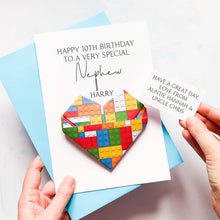 Load image into Gallery viewer, Personalised Nephew Birthday Card, Brick Theme Origami Heart, Handmade Keepsake Gift, On His Birthday, Children&#39;s Birthday, Teenage Boy, Age