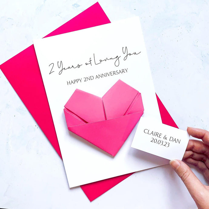 2nd Anniversary Card, 2 Years of Loving You, Origami Heart, Personalised Handmade Keepsake Gift, Wife, Husband, Wife, Boyfriend, Girlfriend