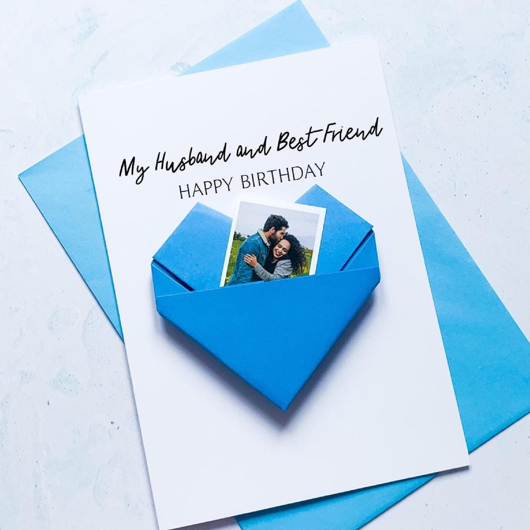 Husband & Best Friend Birthday Card, Origami Heart Photo Card, 30th, 40th, 50th, Any Birthday, Personalised Large Handmade Keepsake Gift