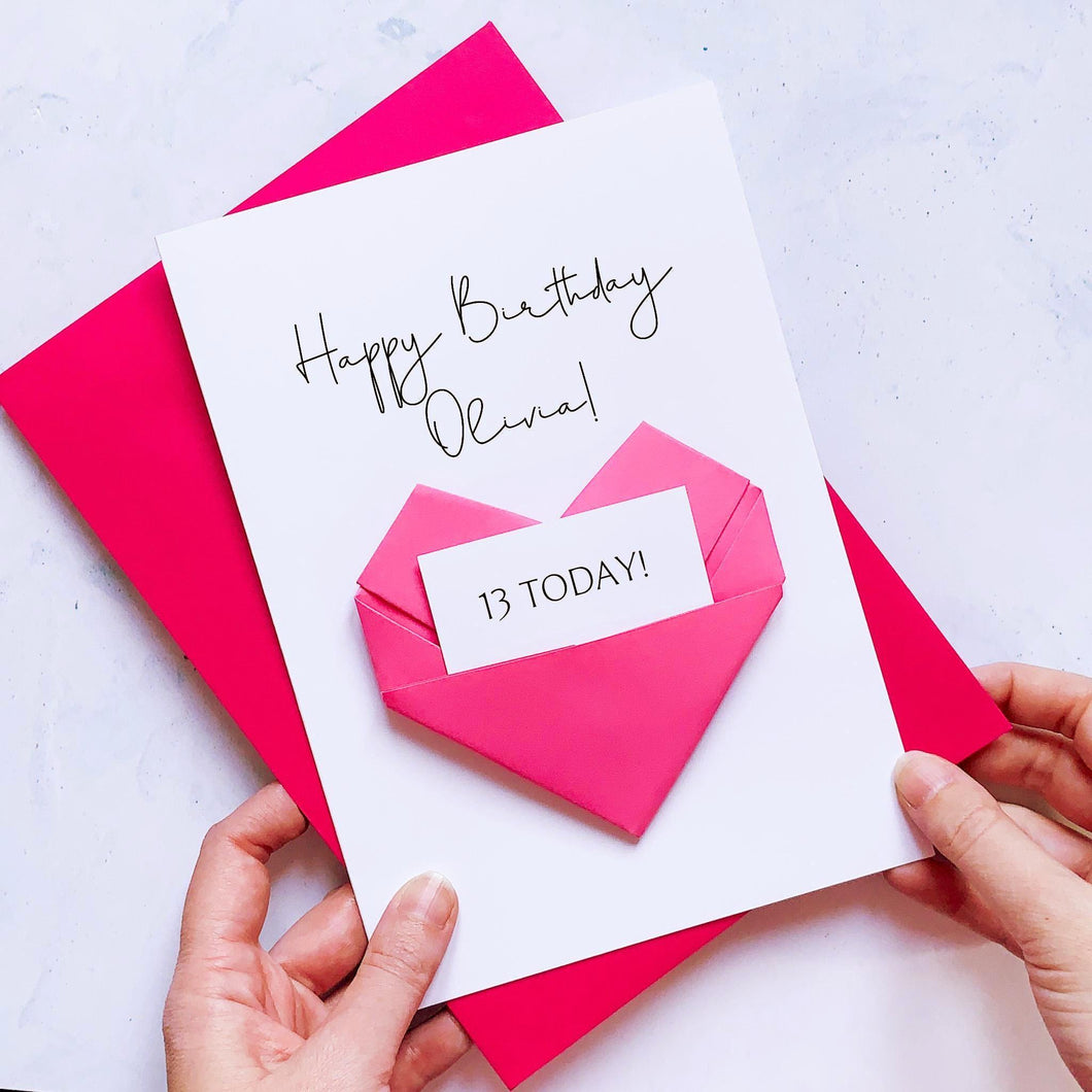 13th Birthday Card, Origami Heart, Personalised Handmade Keepsake Gift, On Her Birthday, To Granddaughter, Sister, Daughter, Girl, Female