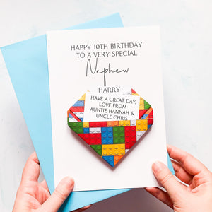 Personalised Nephew Birthday Card, Brick Theme Origami Heart, Handmade Keepsake Gift, On His Birthday, Children&#39;s Birthday, Teenage Boy, Age