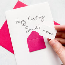 Load image into Gallery viewer, 50th Birthday Card, 50 Year Old, Personalised, Any Name, Birthday Card for female, cute birthday card, handmade, 3D Card, wife Birthday