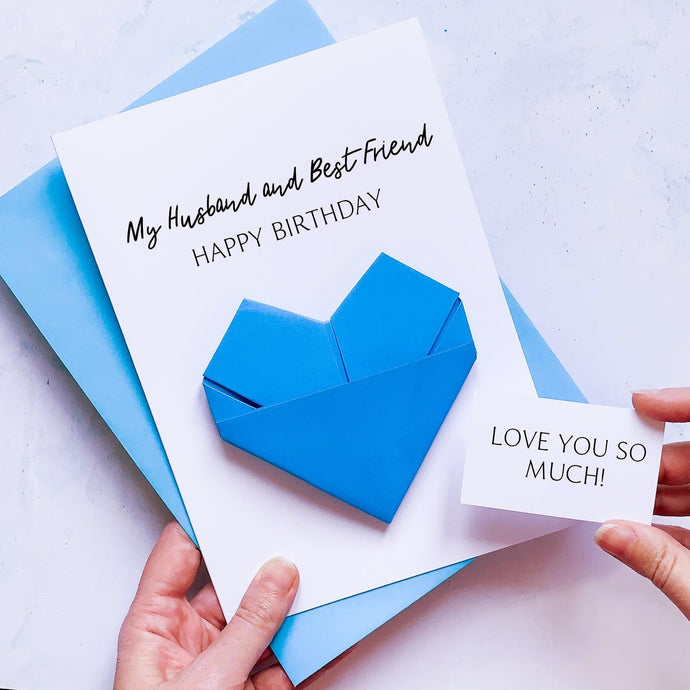 My Husband & Best Friend Birthday Card, Origami Heart, Personalised Handmade Keepsake Gift, On His Birthday, 30th, 40th, 50th, 60th