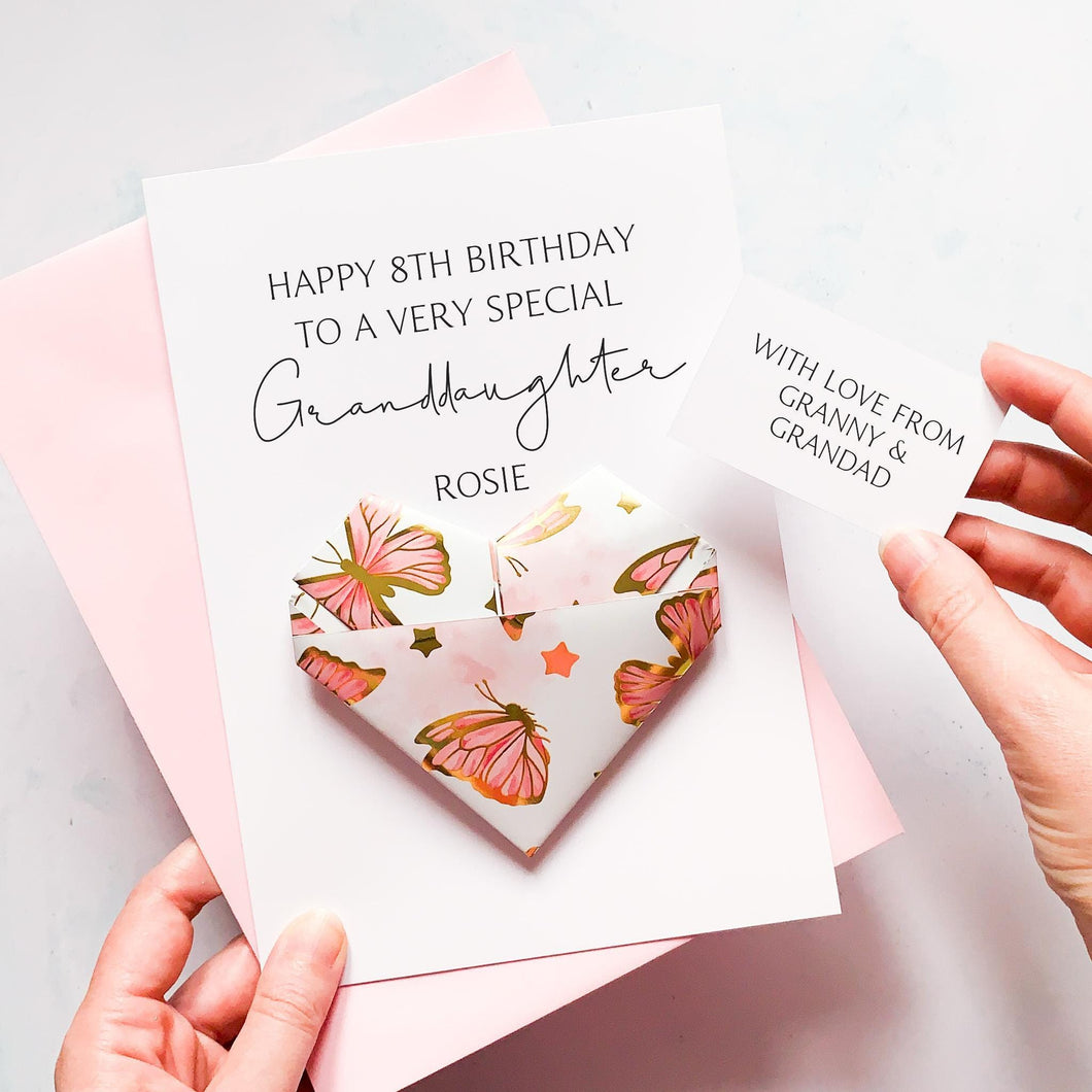 Personalised Granddaughter Birthday Card, Butterfly Origami Heart, Handmade Keepsake Gift, On Her Birthday, To A Special Granddaughter, Age