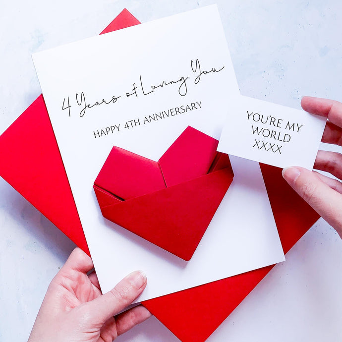 4th Anniversary Card, 4 Years of Loving You, Origami Heart, Personalised Handmade Keepsake Gift, Wife, Husband, Wife, Boyfriend, Girlfriend