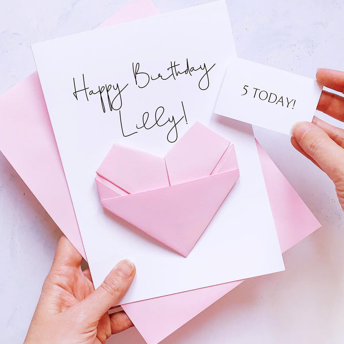 5th Birthday Card, Origami Heart, Personalised Handmade Keepsake Gift, On Her Fifth Birthday, To Granddaughter, Daughter, Niece, Little Girl