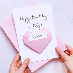 5th Birthday Card, Origami Heart, Personalised Handmade Keepsake Gift, On Her Fifth Birthday, To Granddaughter, Daughter, Niece, Little Girl