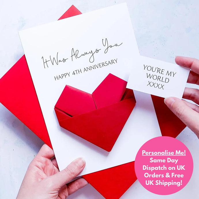 4th Anniversary Card, Origami Heart, Personalised Fourth Wedding Anniversary, Large Luxury Handmade Card, Keepsake Gift, For Wife, Husband