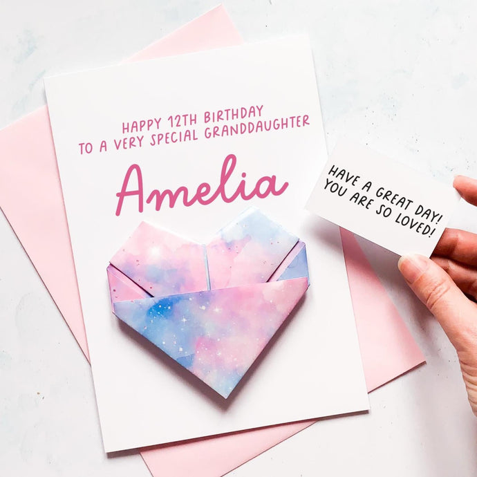 Birthday Card for Granddaughter, Cosmic Galaxy Origami Heart, Gift for Teenage Birthday 12th 13th 14th 15th 16th 17th 18th 19th 21st